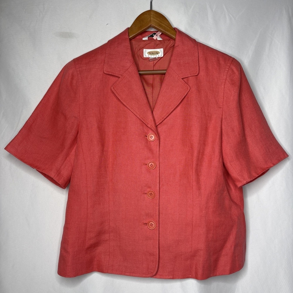 Talbots 12 Short Sleeve Button Up Lined Irish Linen Coral Peach Classic Blazer